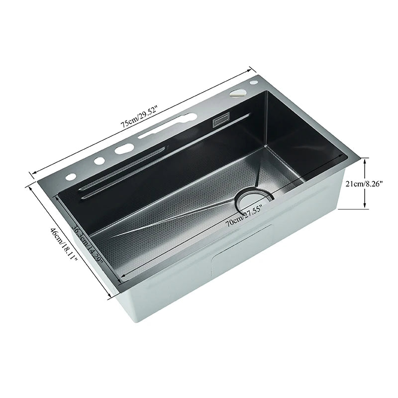 Large Stainless Steel Waterfall Kitchen Sink with Digital Faucet, Soap Dispenser & Cup Washer