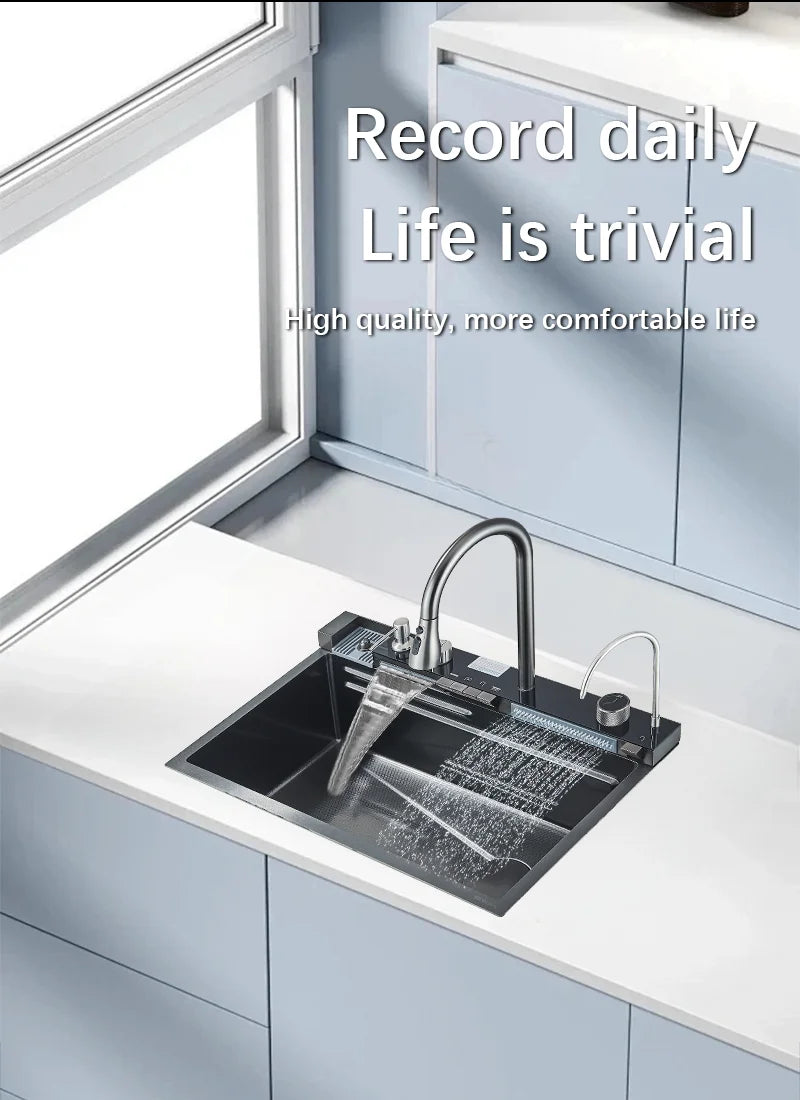 Large Stainless Steel Waterfall Kitchen Sink with Digital Faucet, Soap Dispenser & Cup Washer