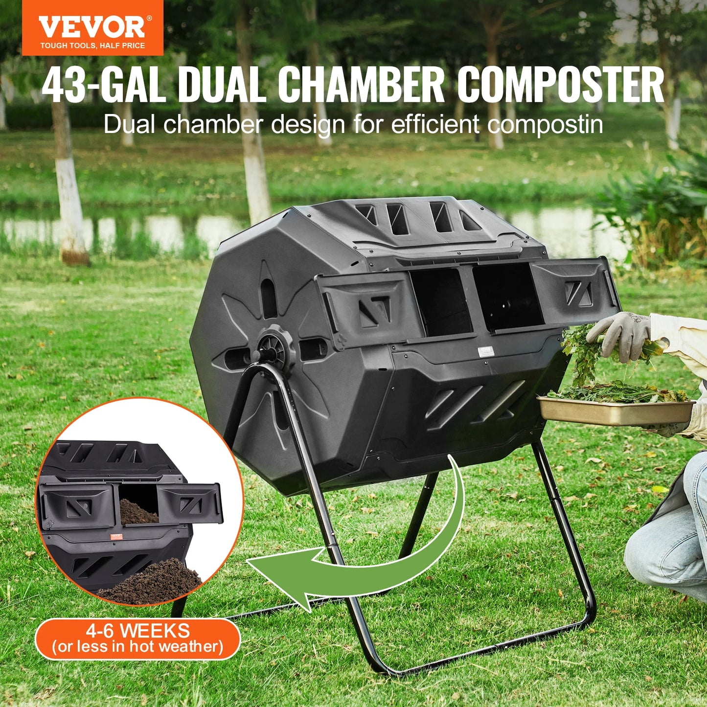 Dual Chamber Compost Tumbler, 18.5, 37 or 43 Gallon, VEVOR - BPA-Free Outdoor Compost Bin for Garden
