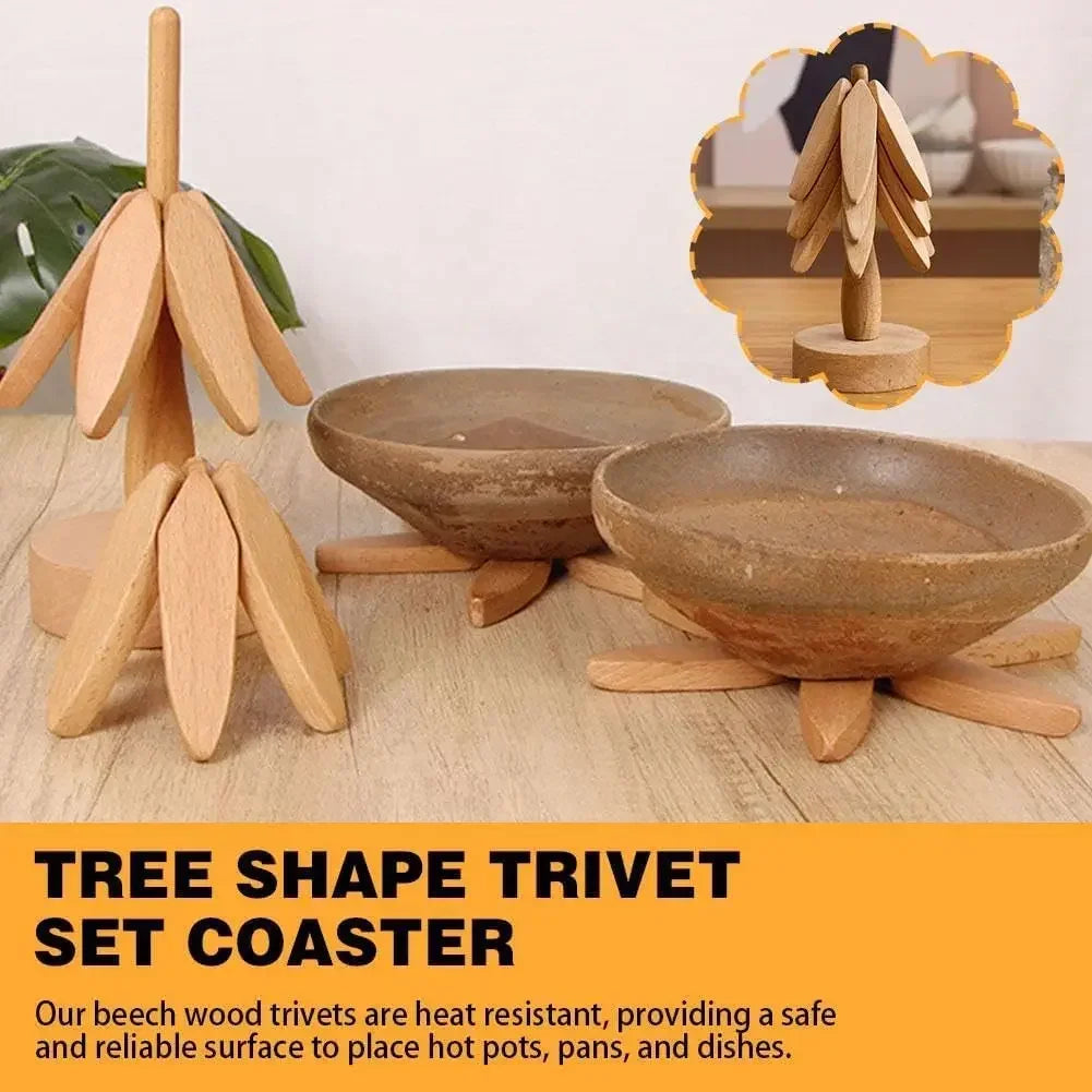 Folding Wooden Trivets, Tree Design, Heat-Resistant Coasters (Set of 3)