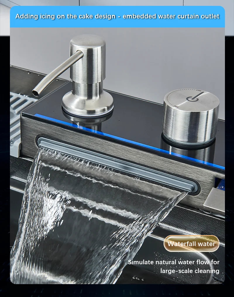 Large Stainless Steel Waterfall Kitchen Sink with Digital Faucet, Soap Dispenser & Cup Washer