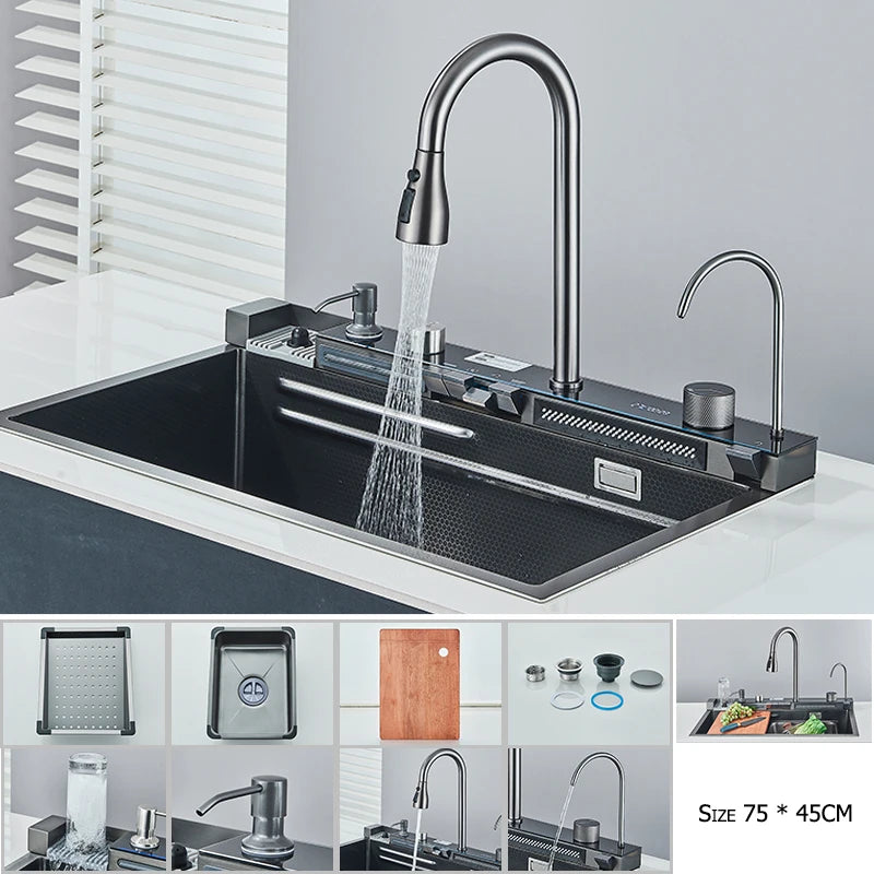 Large Stainless Steel Waterfall Kitchen Sink with Digital Faucet, Soap Dispenser & Cup Washer