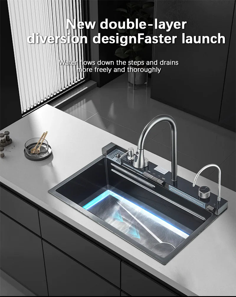 Large Stainless Steel Waterfall Kitchen Sink with Digital Faucet, Soap Dispenser & Cup Washer