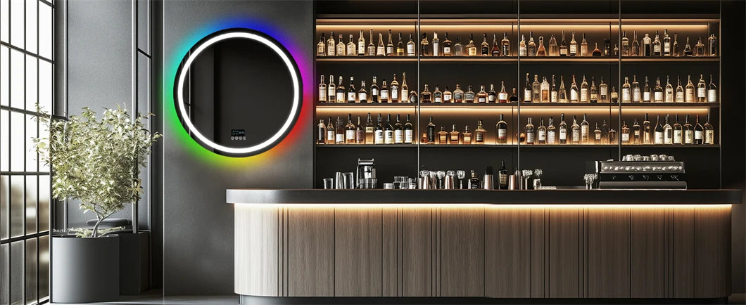 LED Bathroom Mirror Round 800x800mm Wall Hanging Mirror Anti Fog Bluetooth Speaker Brightness Memory Front Light & RGB Backlit