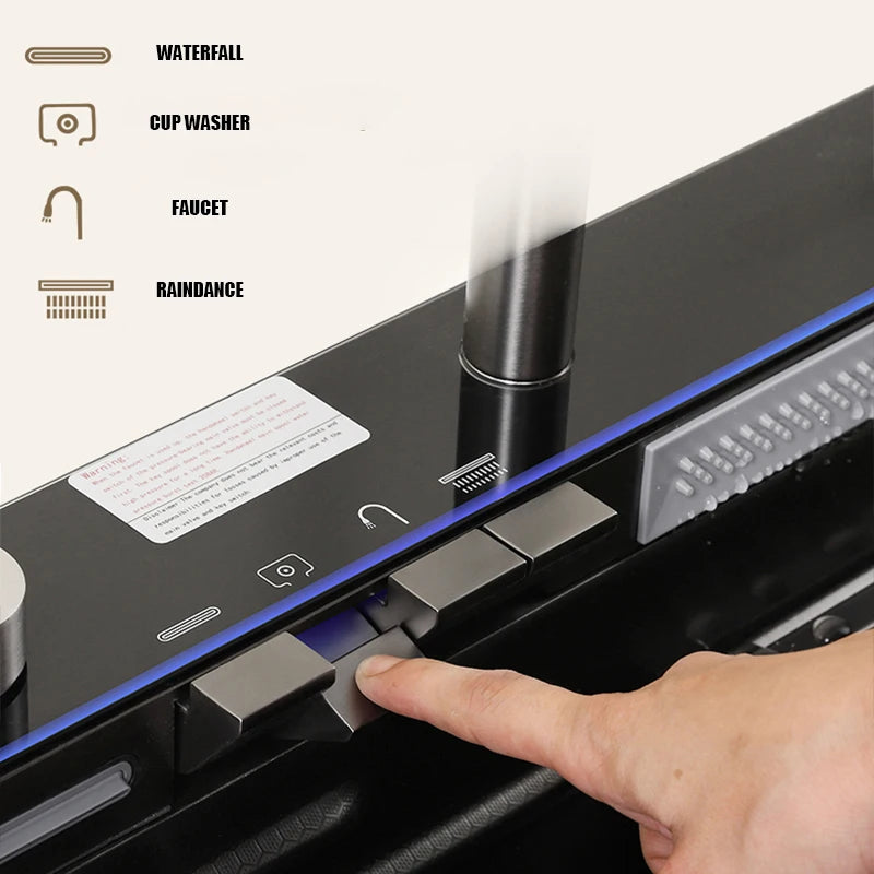 Large Stainless Steel Waterfall Kitchen Sink with Digital Faucet, Soap Dispenser & Cup Washer