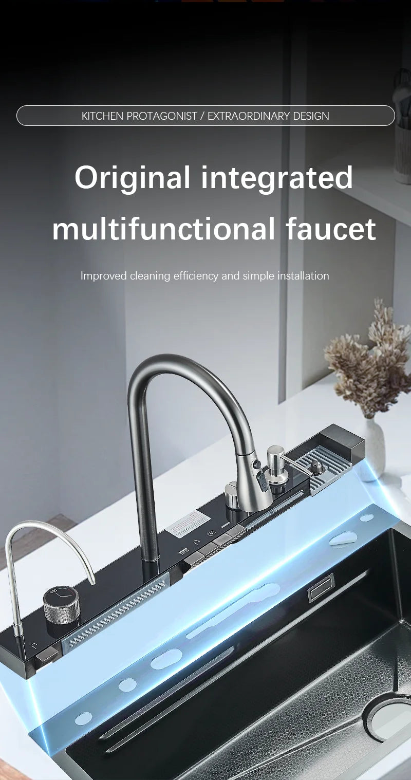 Large Stainless Steel Waterfall Kitchen Sink with Digital Faucet, Soap Dispenser & Cup Washer