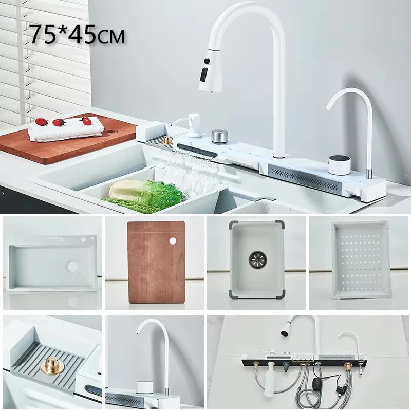 Large Stainless Steel Waterfall Kitchen Sink with Digital Faucet, Soap Dispenser & Cup Washer