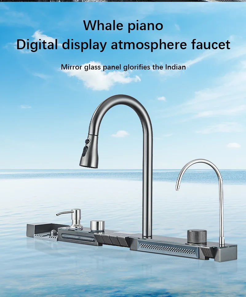 Large Stainless Steel Waterfall Kitchen Sink with Digital Faucet, Soap Dispenser & Cup Washer