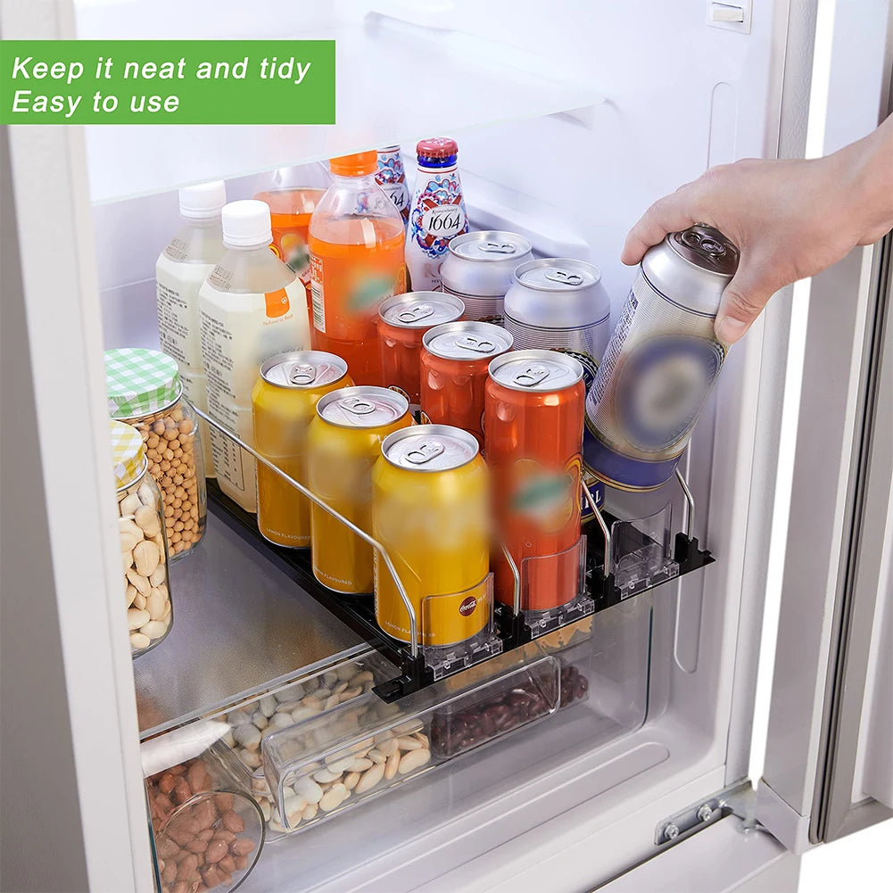 Adjustable Fridge Can Organizer with Spring-Loaded Dispenser