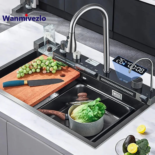 Large Stainless Steel Waterfall Kitchen Sink with Digital Faucet, Soap Dispenser & Cup Washer