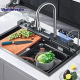 Large Stainless Steel Waterfall Kitchen Sink with Digital Faucet, Soap Dispenser & Cup Washer