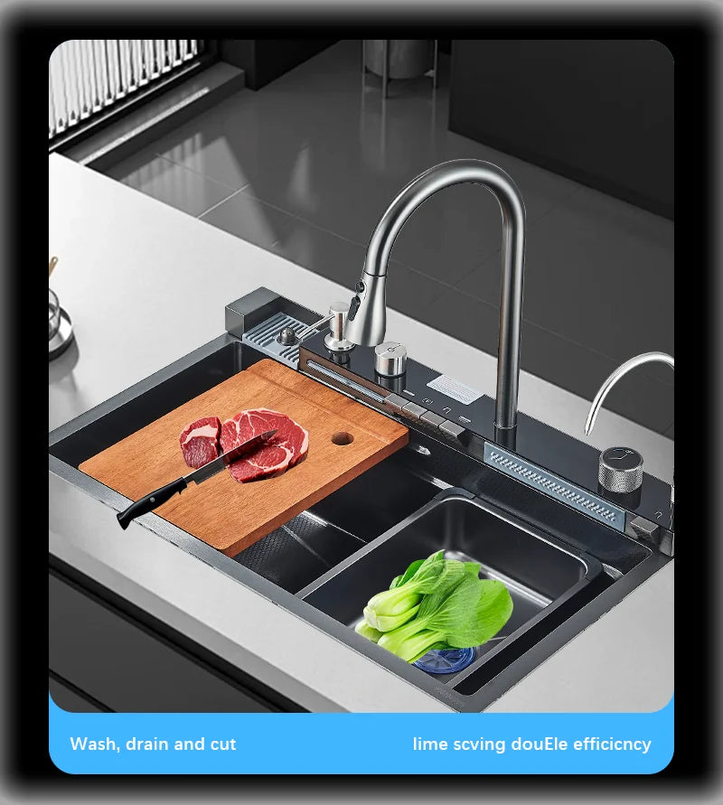 Large Stainless Steel Waterfall Kitchen Sink with Digital Faucet, Soap Dispenser & Cup Washer