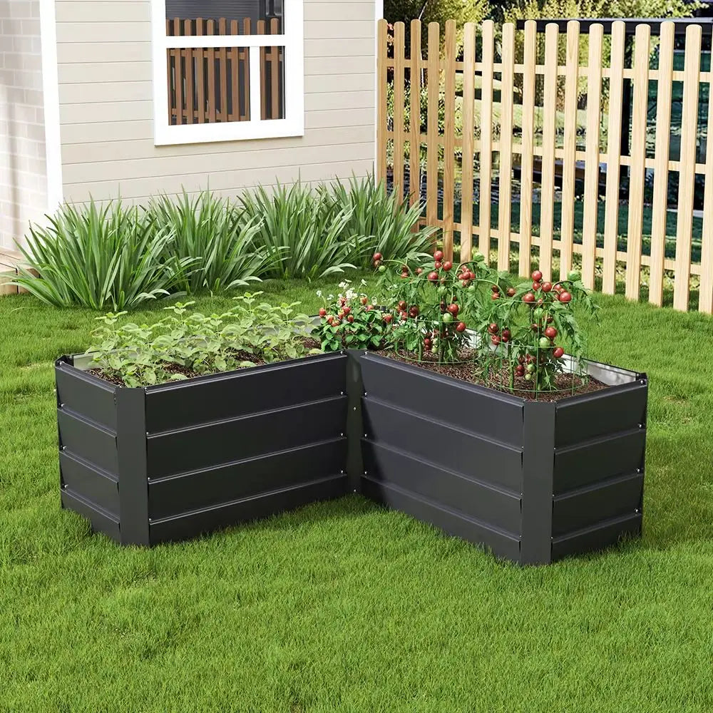 L-Shaped Metal Raised Garden Bed, Charcoal Black, Outdoor Planter