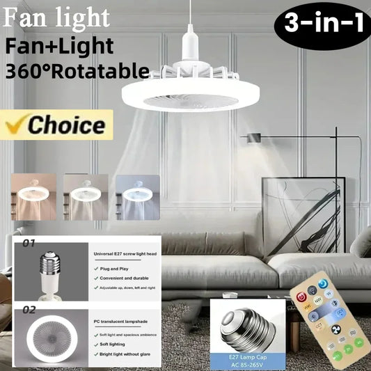 3in1 Ceiling Fan with Remote Control and LED Light, 3-speed E27 AC85-265V Lighting Base for Bedroom and Living Room Lighting