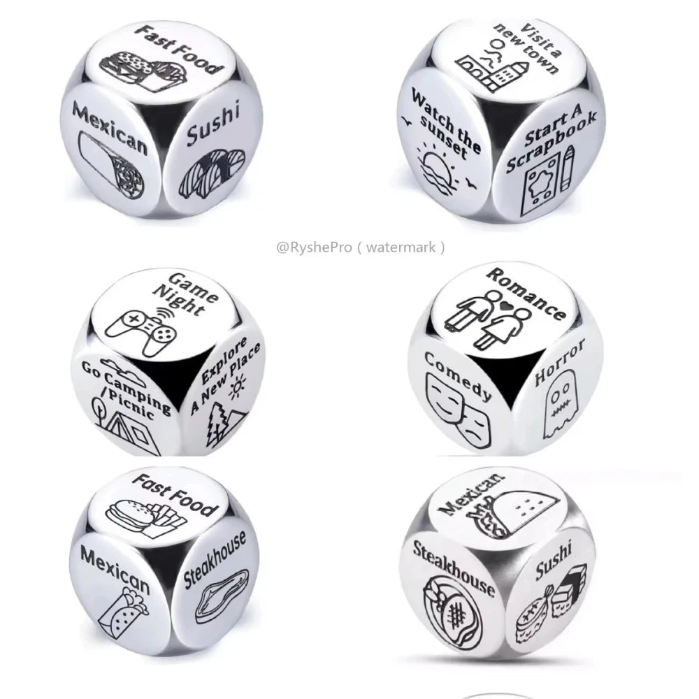 Stainless Steel Date Night Dice Set - Food Decision Dice for Couples