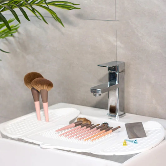 Collapsible Sink Cover and Silicone Makeup Pad with Bathroom Storage Shelves and Racks for Great Space Saving