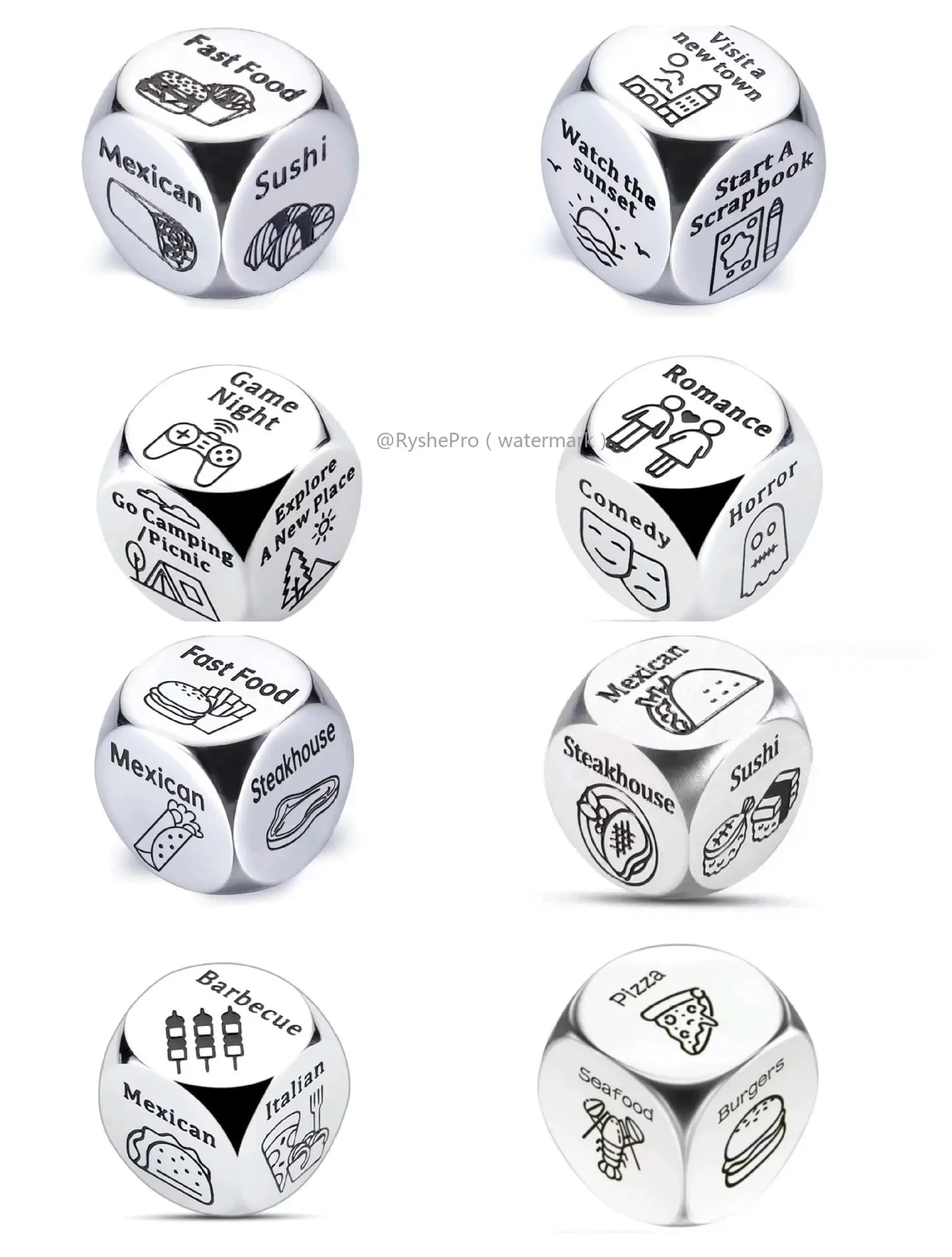 Stainless Steel Date Night Dice Set - Food Decision Dice for Couples