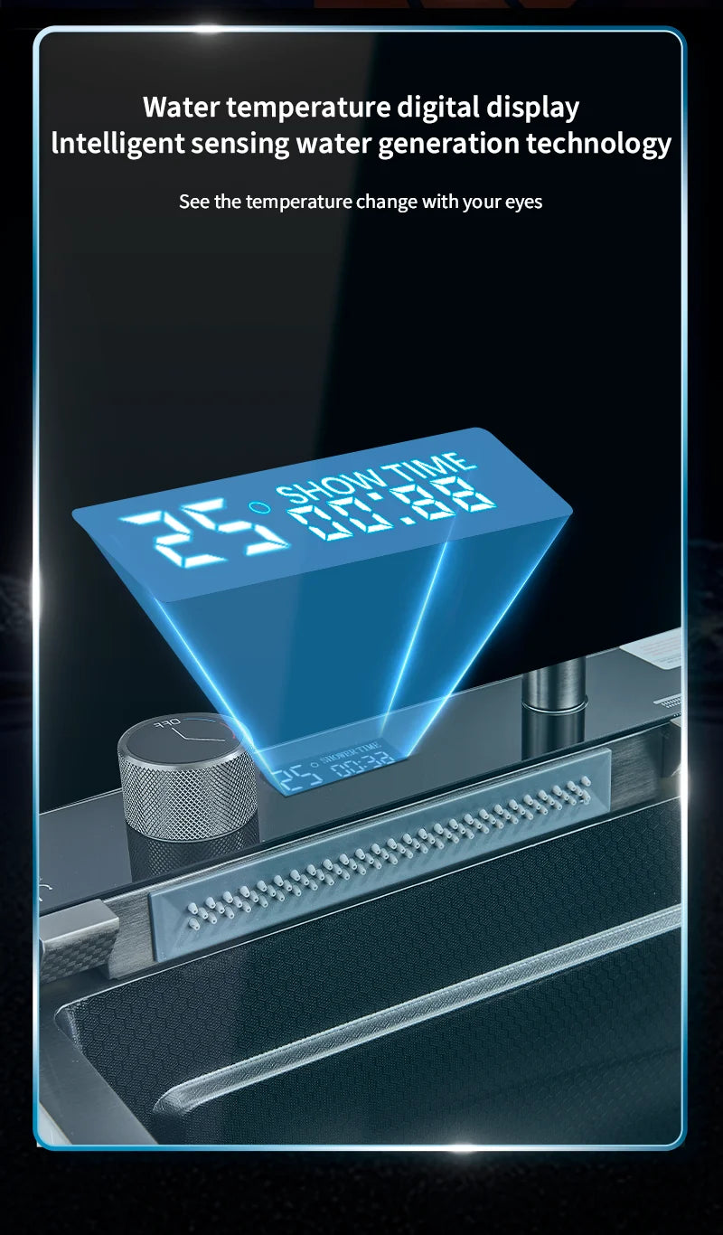 Large Stainless Steel Waterfall Kitchen Sink with Digital Faucet, Soap Dispenser & Cup Washer