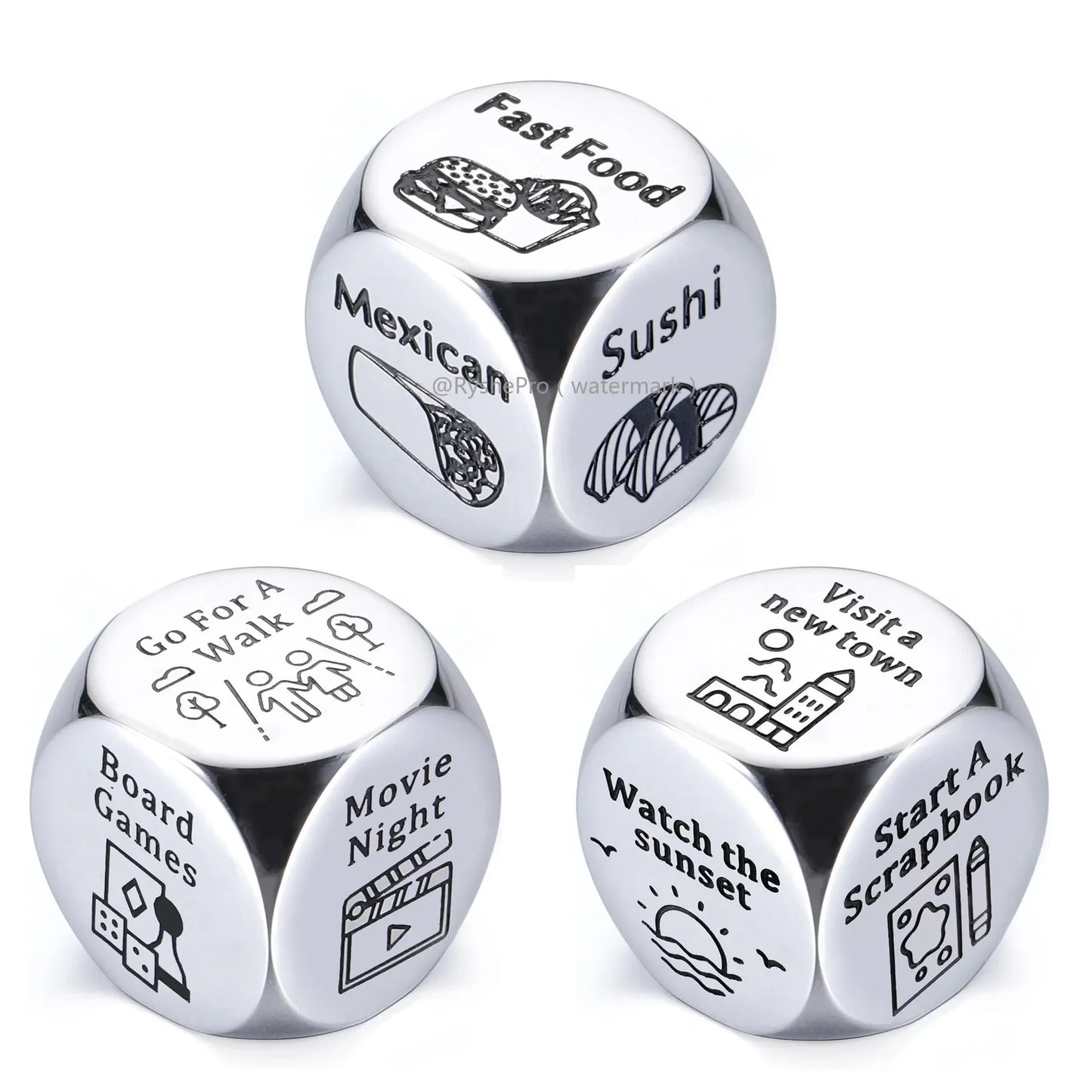 Stainless Steel Date Night Dice Set - Food Decision Dice for Couples