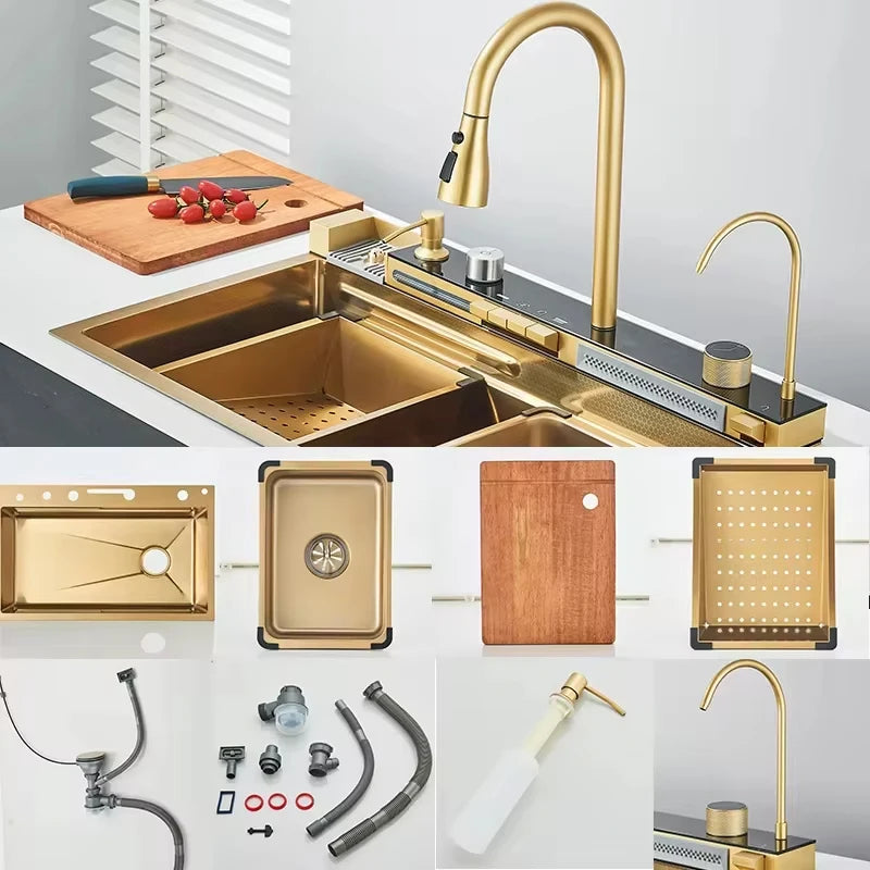 Large Stainless Steel Waterfall Kitchen Sink with Digital Faucet, Soap Dispenser & Cup Washer