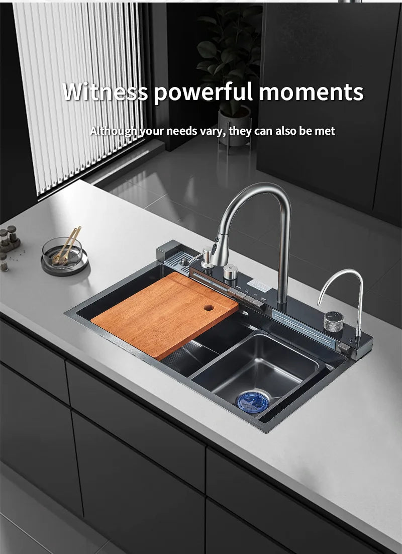 Large Stainless Steel Waterfall Kitchen Sink with Digital Faucet, Soap Dispenser & Cup Washer