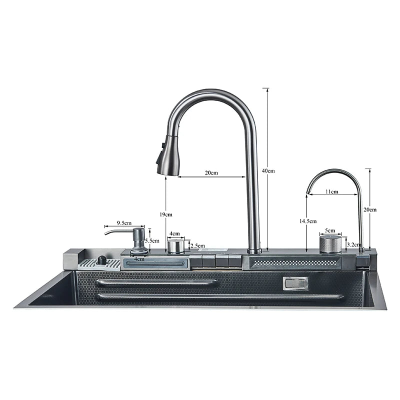 Large Stainless Steel Waterfall Kitchen Sink with Digital Faucet, Soap Dispenser & Cup Washer