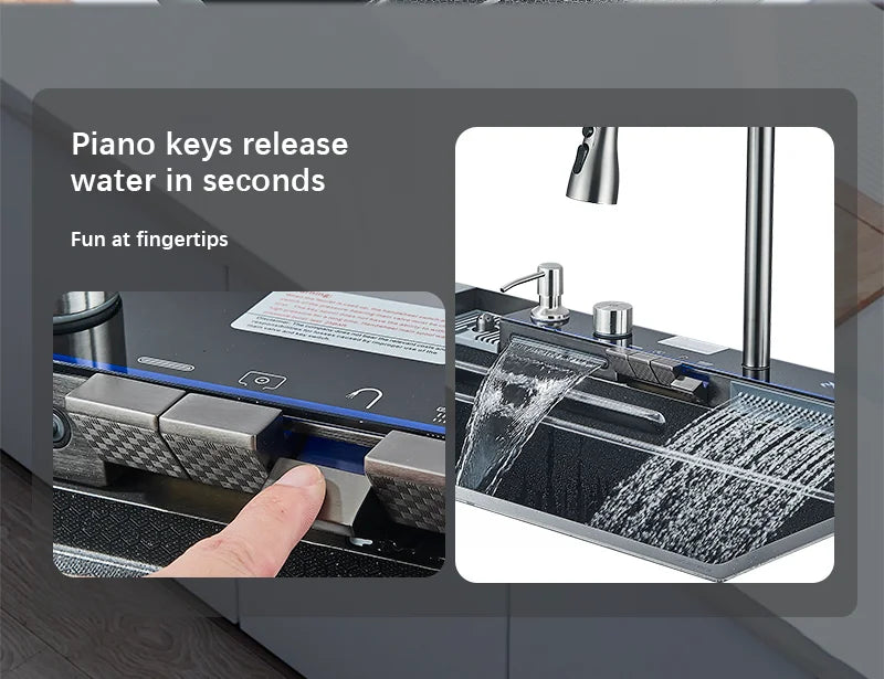 Large Stainless Steel Waterfall Kitchen Sink with Digital Faucet, Soap Dispenser & Cup Washer