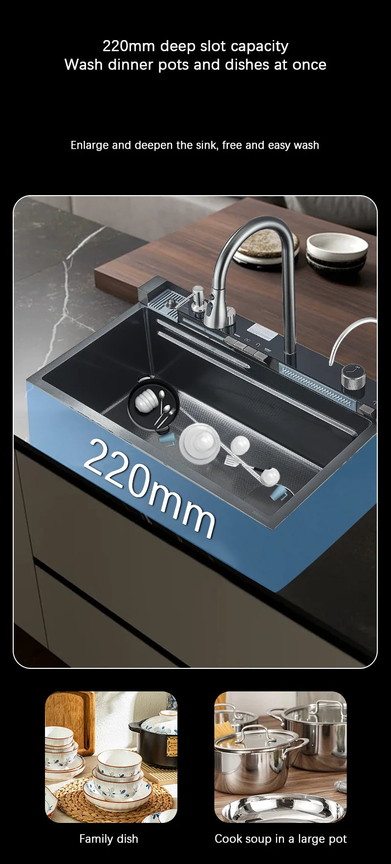 Large Stainless Steel Waterfall Kitchen Sink with Digital Faucet, Soap Dispenser & Cup Washer