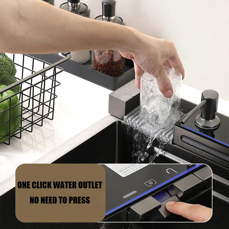 Large Stainless Steel Waterfall Kitchen Sink with Digital Faucet, Soap Dispenser & Cup Washer
