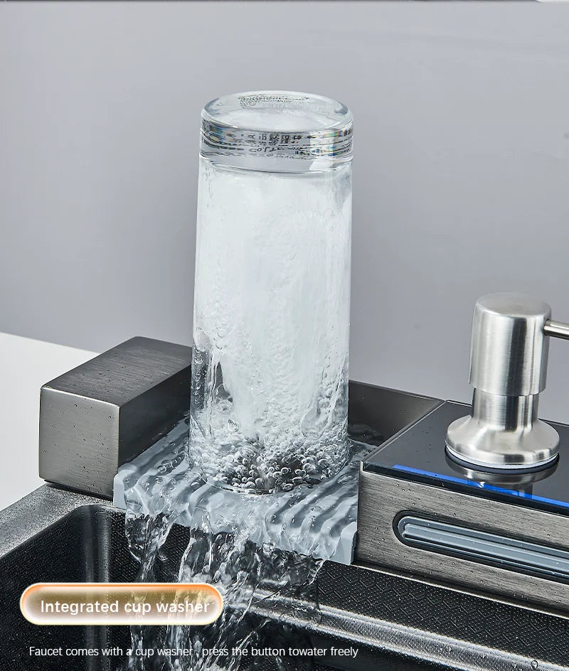 Large Stainless Steel Waterfall Kitchen Sink with Digital Faucet, Soap Dispenser & Cup Washer