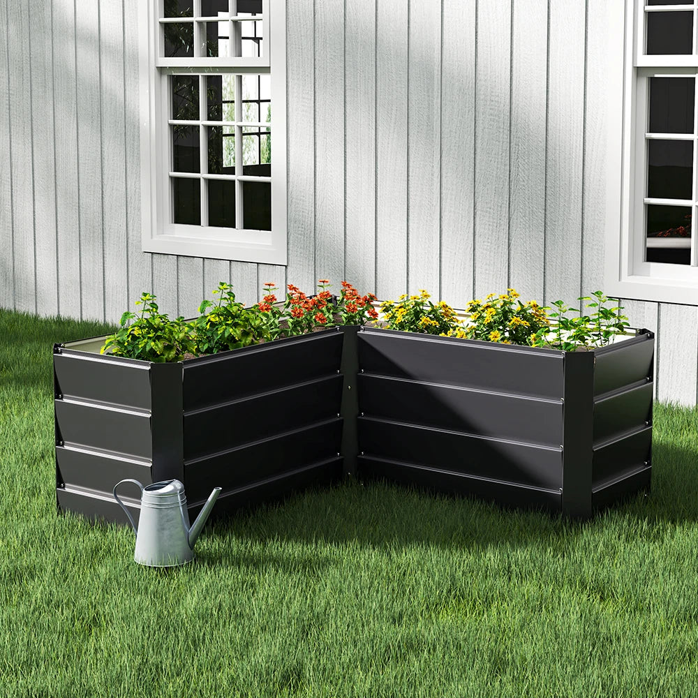 L-Shaped Metal Raised Garden Bed, Charcoal Black, Outdoor Planter