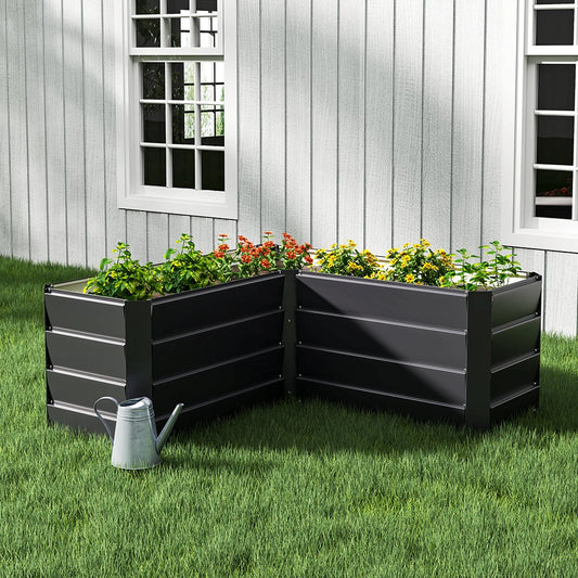 L-Shaped Metal Raised Garden Bed, Charcoal Black, Outdoor Planter