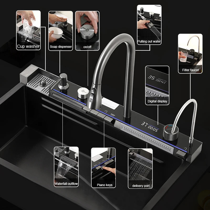 Large Stainless Steel Waterfall Kitchen Sink with Digital Faucet, Soap Dispenser & Cup Washer