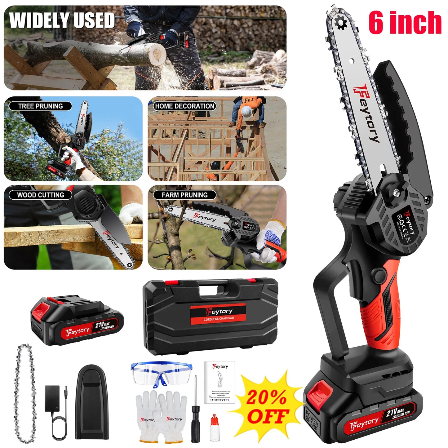 Cordless Mini Chainsaw, 6-Inch Electric Pruning Saw, Battery Powered