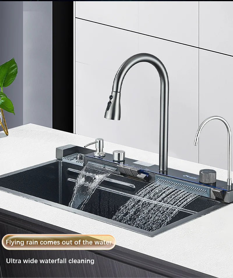 Large Stainless Steel Waterfall Kitchen Sink with Digital Faucet, Soap Dispenser & Cup Washer