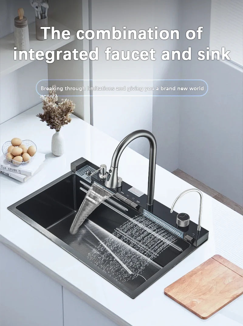 Large Stainless Steel Waterfall Kitchen Sink with Digital Faucet, Soap Dispenser & Cup Washer