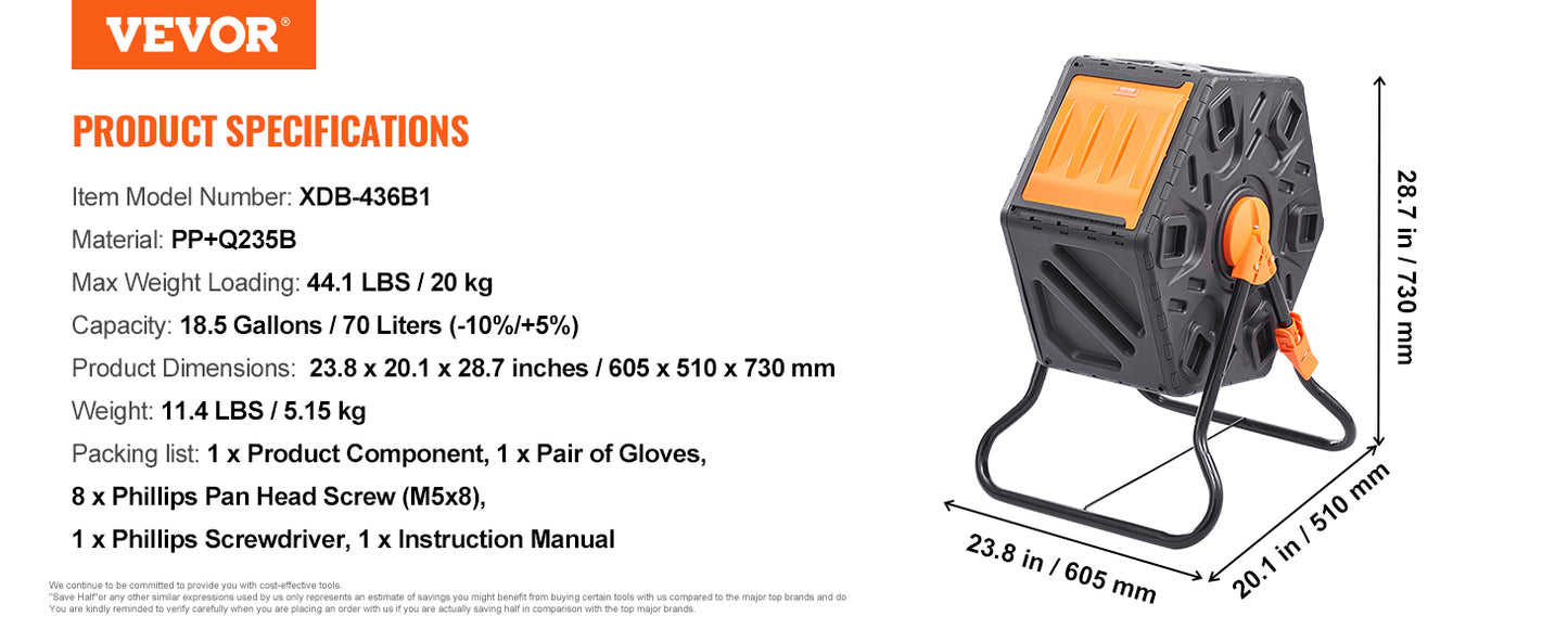 Dual Chamber Compost Tumbler, 18.5, 37 or 43 Gallon, VEVOR - BPA-Free Outdoor Compost Bin for Garden