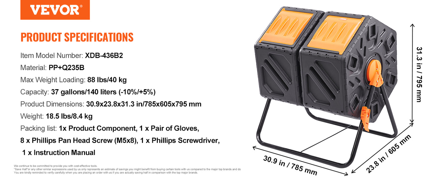 Dual Chamber Compost Tumbler, 18.5, 37 or 43 Gallon, VEVOR - BPA-Free Outdoor Compost Bin for Garden