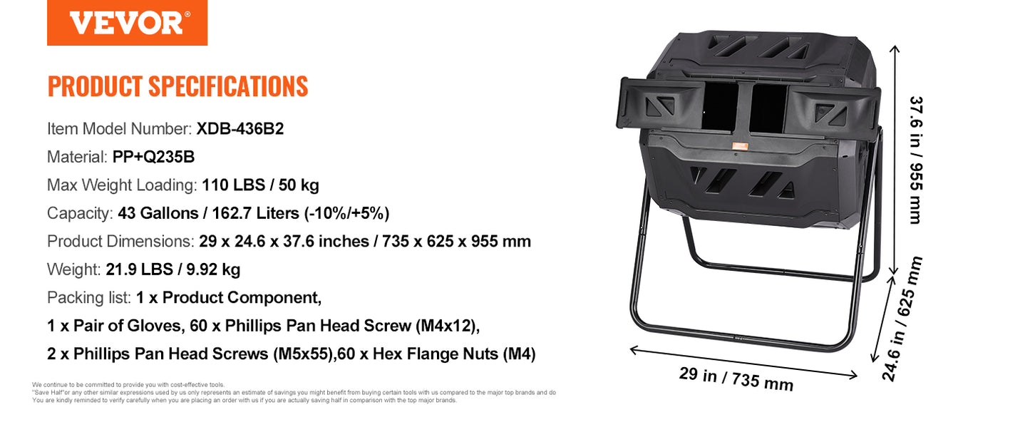 Dual Chamber Compost Tumbler, 18.5, 37 or 43 Gallon, VEVOR - BPA-Free Outdoor Compost Bin for Garden