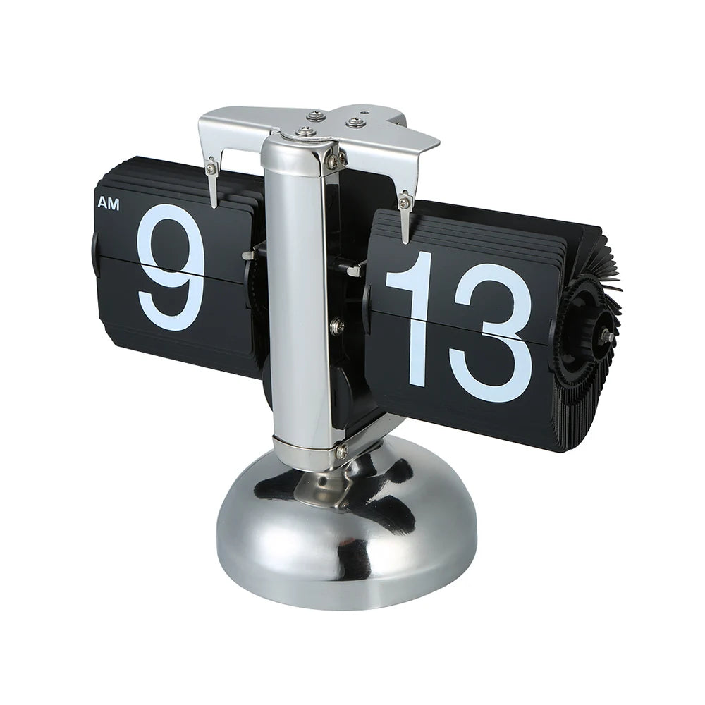 Small Scale Table Clock Retro Flip Over Clock Stainless Steel Flip Internal Gear Operated Quartz Clock Black/White