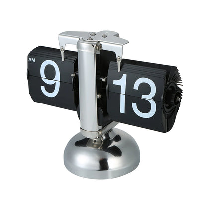 Small Scale Table Clock Retro Flip Over Clock Stainless Steel Flip Internal Gear Operated Quartz Clock Black/White