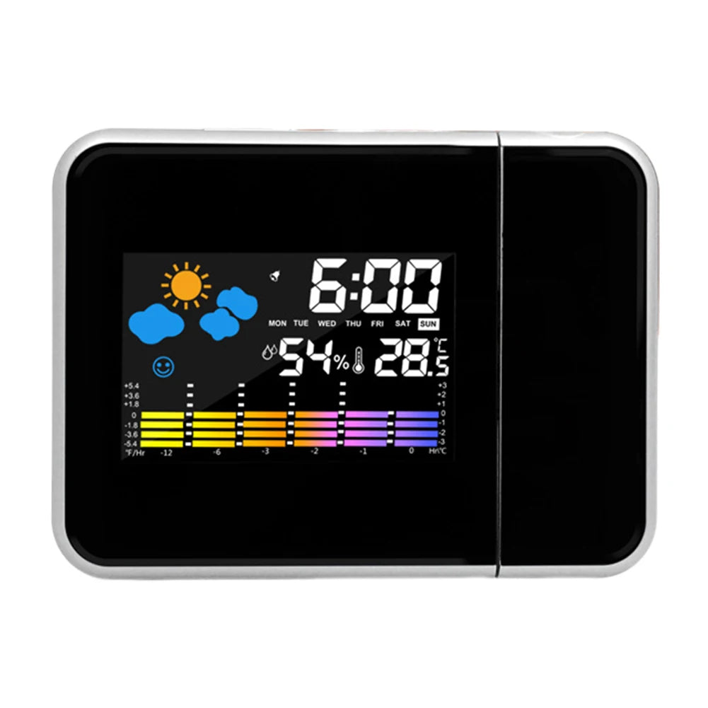 A digital alarm clock with a black body displaying time, weather, and temperature projections with a red light beam indicating the time.