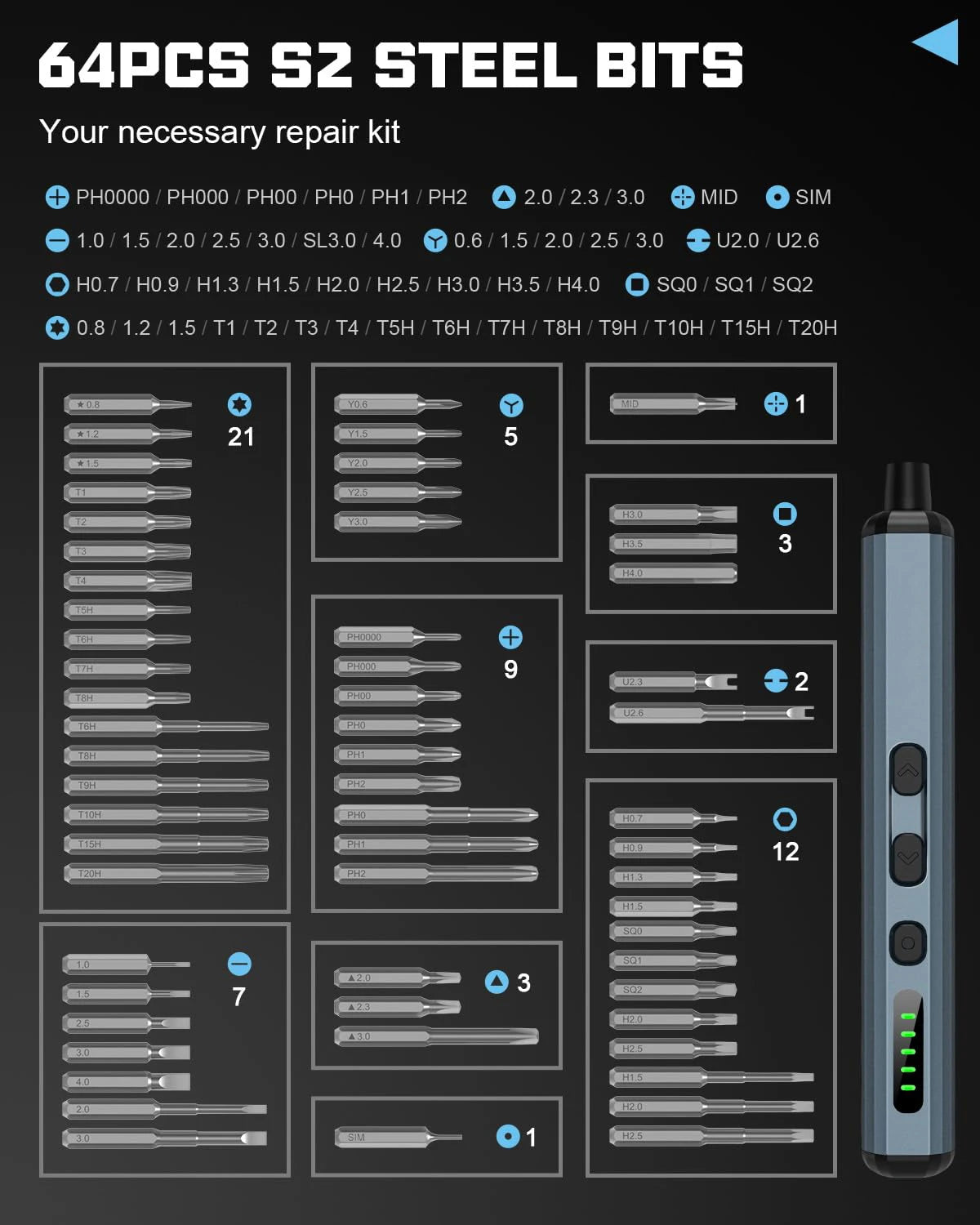 Close-up of precision magnetic screwdriver bits for electric screwdriver set, ideal for electronics and device repairs