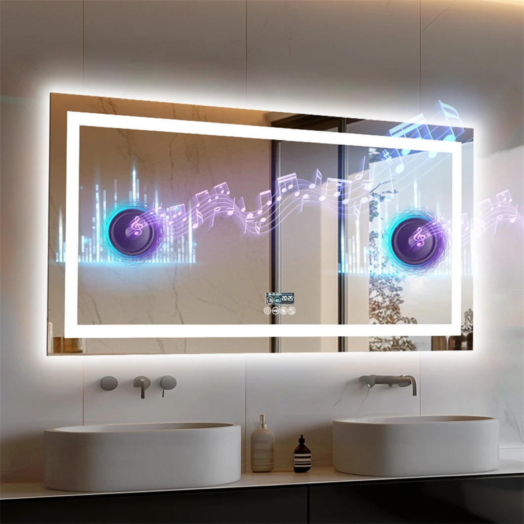 A large rectangular smart LED bathroom vanity mirror with built-in Bluetooth speaker and digital display, mounted on a wall above two sinks.
