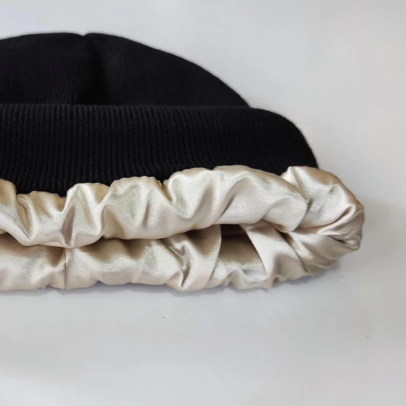 Embroidered Letter Beanies Bonnet For Women&Men 2Layer Silk Satin Lined Anti Static Knitted Hat Autumn Winter SKi Skullies Cap