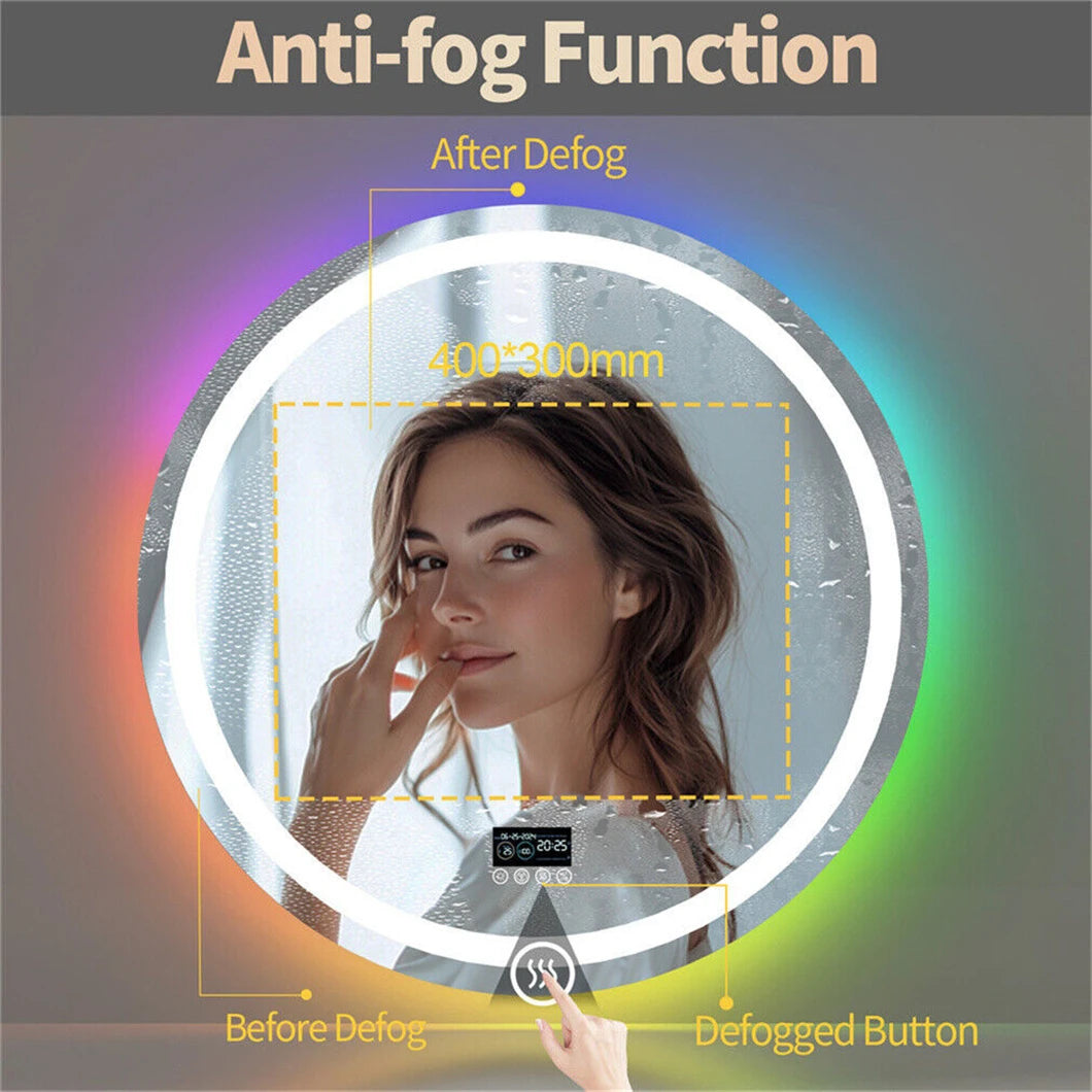 LED Bathroom Mirror Round 800x800mm Wall Hanging Mirror Anti Fog Bluetooth Speaker Brightness Memory Front Light & RGB Backlit