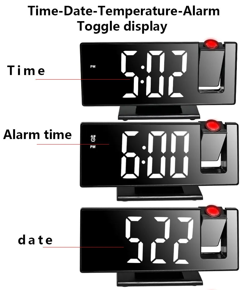 1PC Mirror multifunctional projection alarm clock Intelligent luminous clock Bedroom large screen projection clock