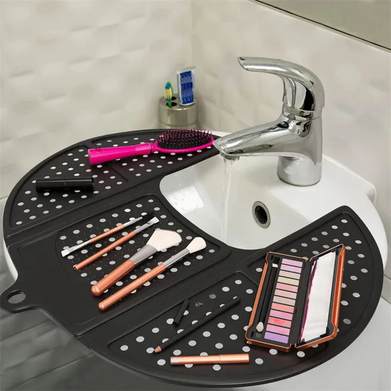 Collapsible Sink Cover and Silicone Makeup Pad with Bathroom Storage Shelves and Racks for Great Space Saving