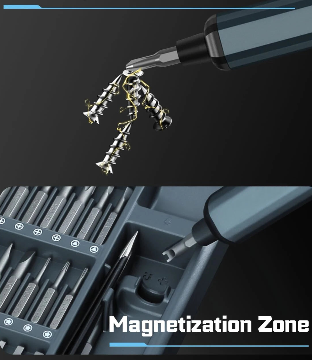 Magnetizer tool included with electric screwdriver set for magnetizing and demagnetizing precision bits