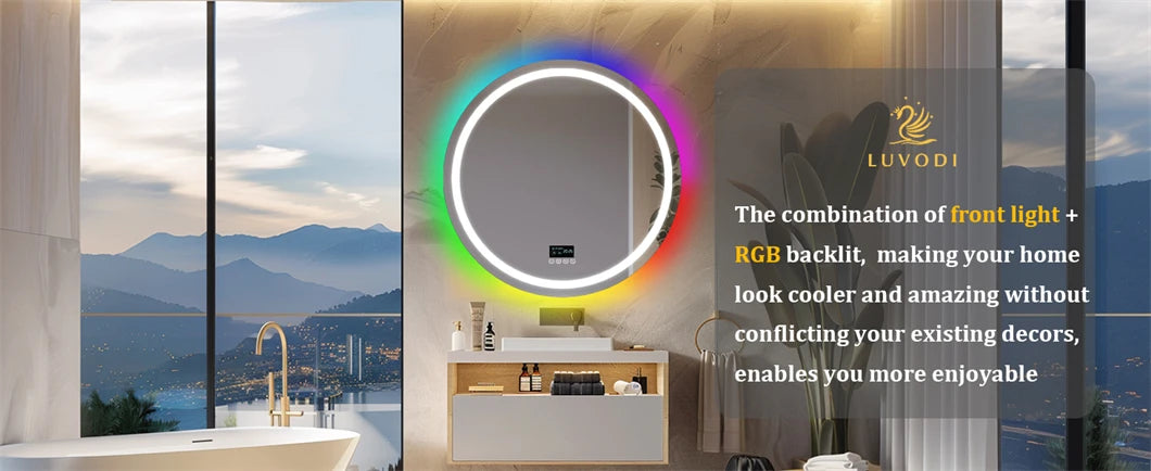 LED Bathroom Mirror Round 800x800mm Wall Hanging Mirror Anti Fog Bluetooth Speaker Brightness Memory Front Light & RGB Backlit